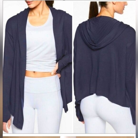 Athleta open front hooded cardigan knit navy blue cotton blend medium tall - Picture 1 of 6